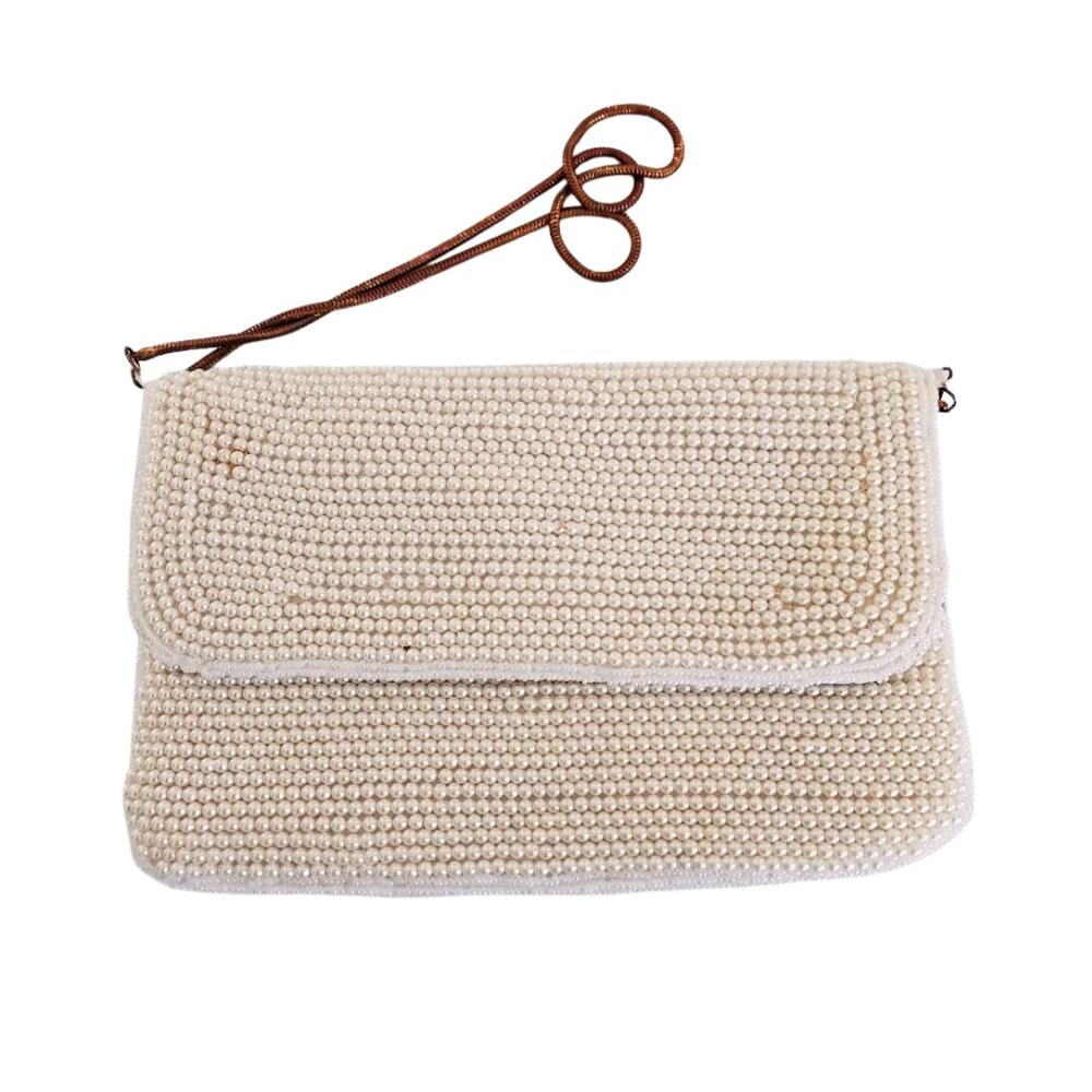 Vintage Pearl Beaded Evening Clutch - Off-White Handbag 9x7
